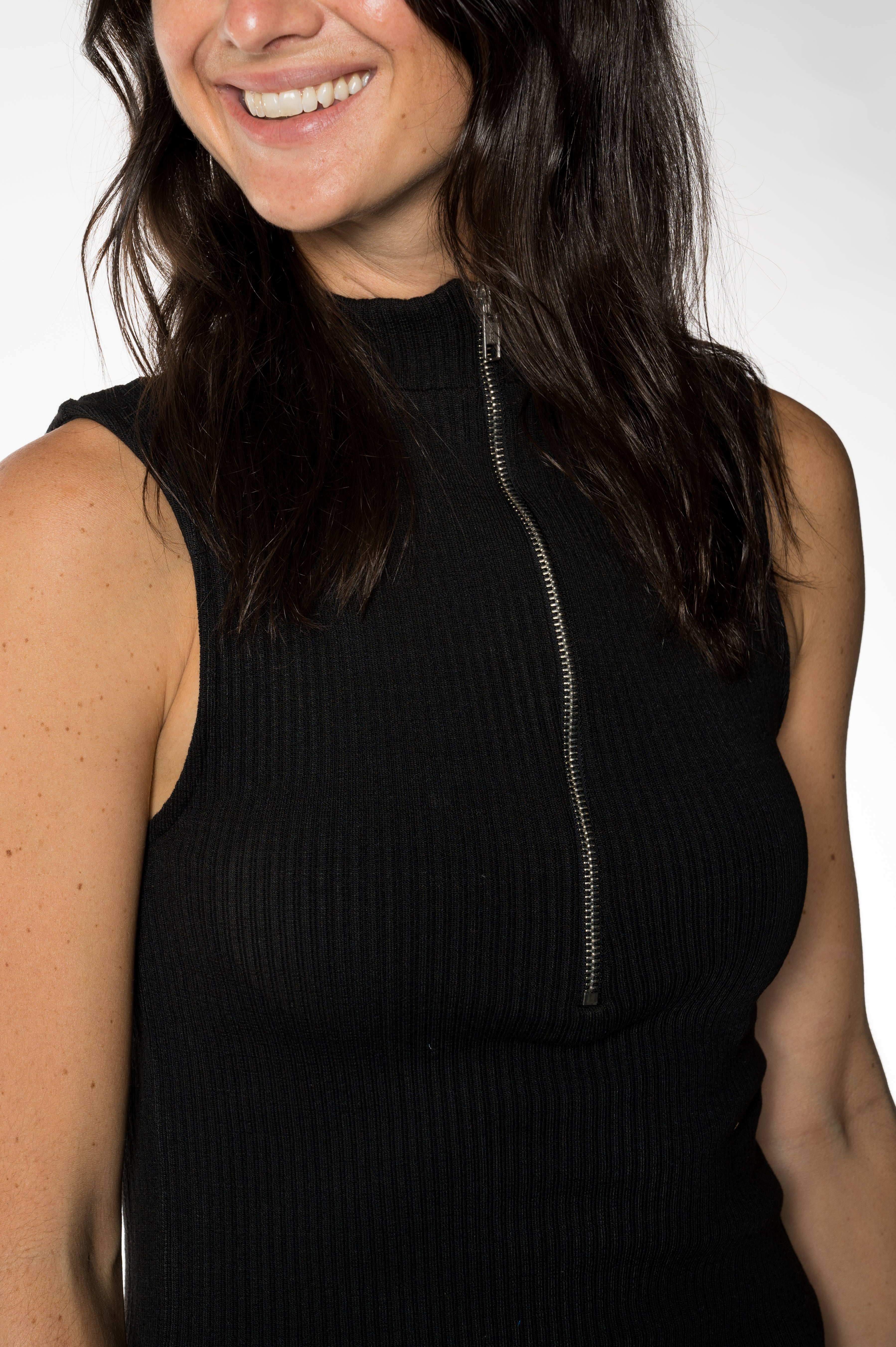 Black Sleeveless Ribbed Midi Dress with Front Zip
