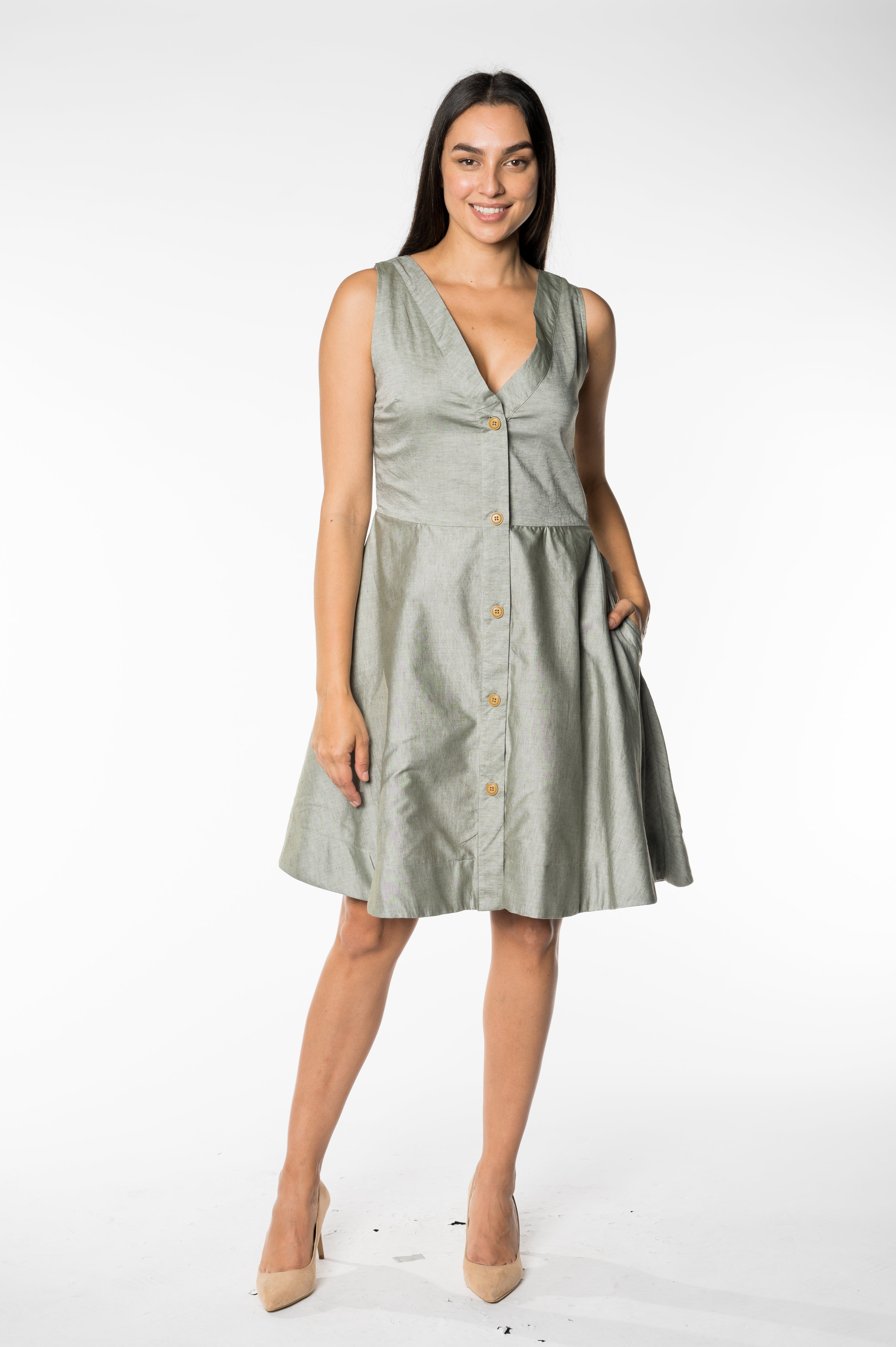 Casual Sage Green Button-Front Dress