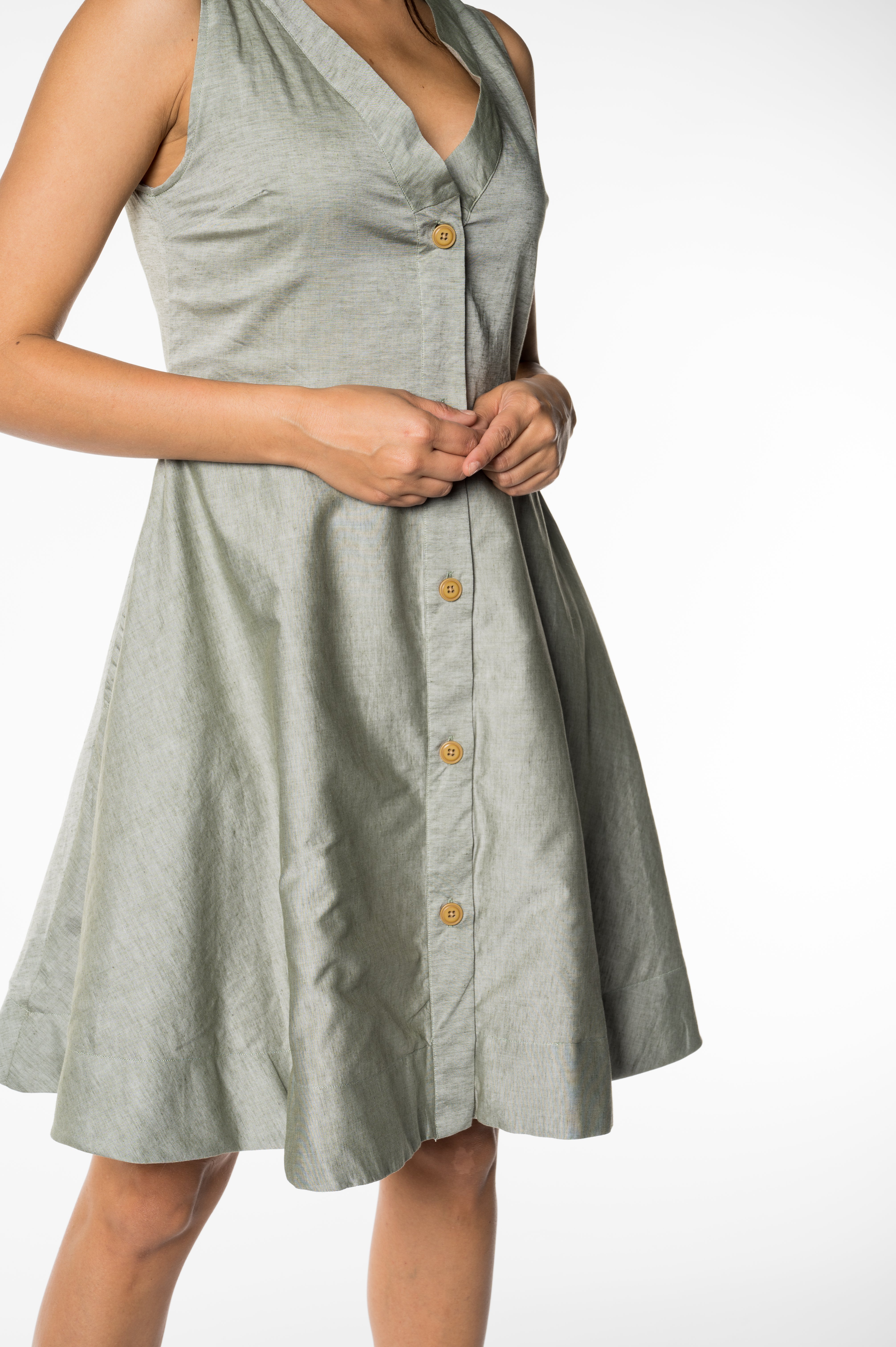 Casual Sage Green Button-Front Dress