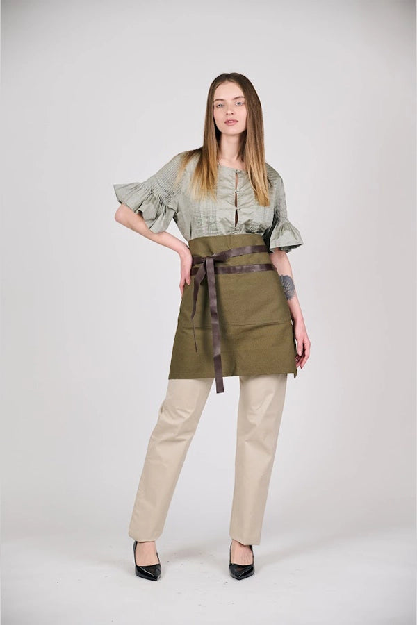 Olive Waist Apron with Leather Tie