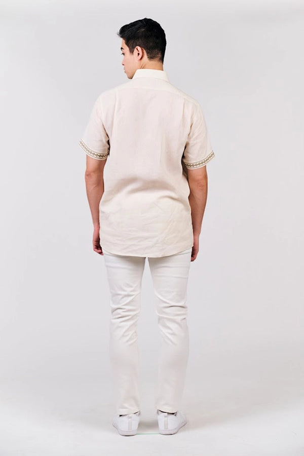 Men's Casual Beige Shirt with Embroidered Sleeve Details
