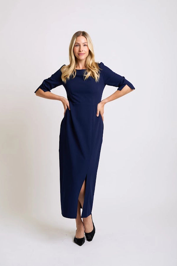 Elegant Navy Midi Dress with Side Slit Elegant Navy Midi Dress with Side Slit