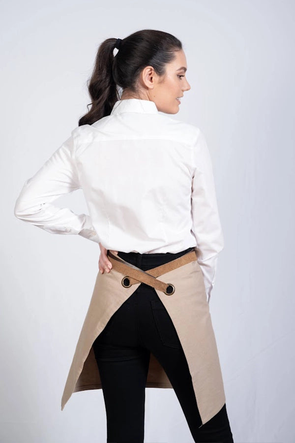 Beige Waist Apron with Leather Accent & Utility Pockets