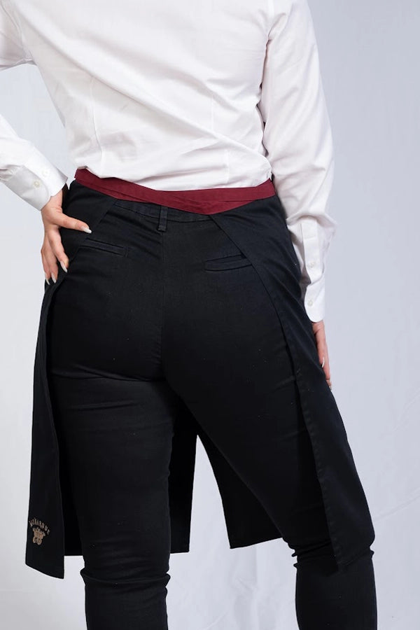Black Waist Apron with Burgundy Tie & Front Pockets