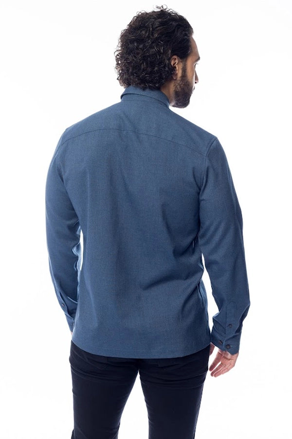 Men's Classic Blue Button-Up Shirt with Double Chest Pockets