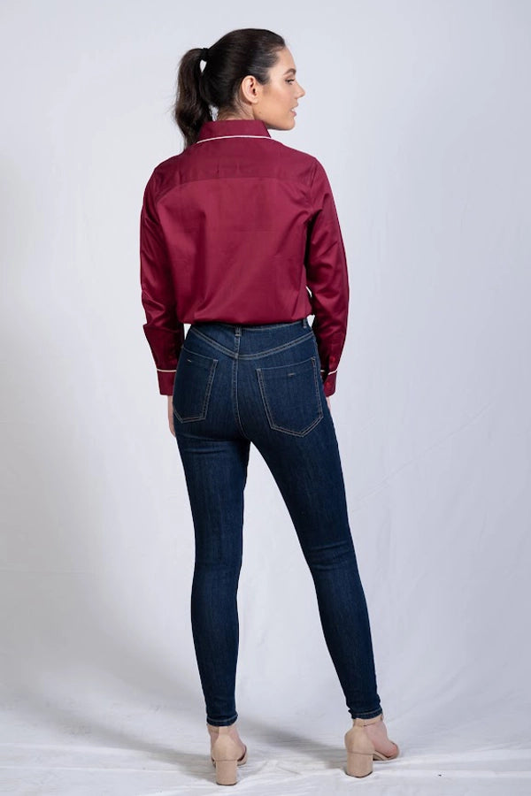 Women's Burgundy Satin Shirt with Contrast Piping