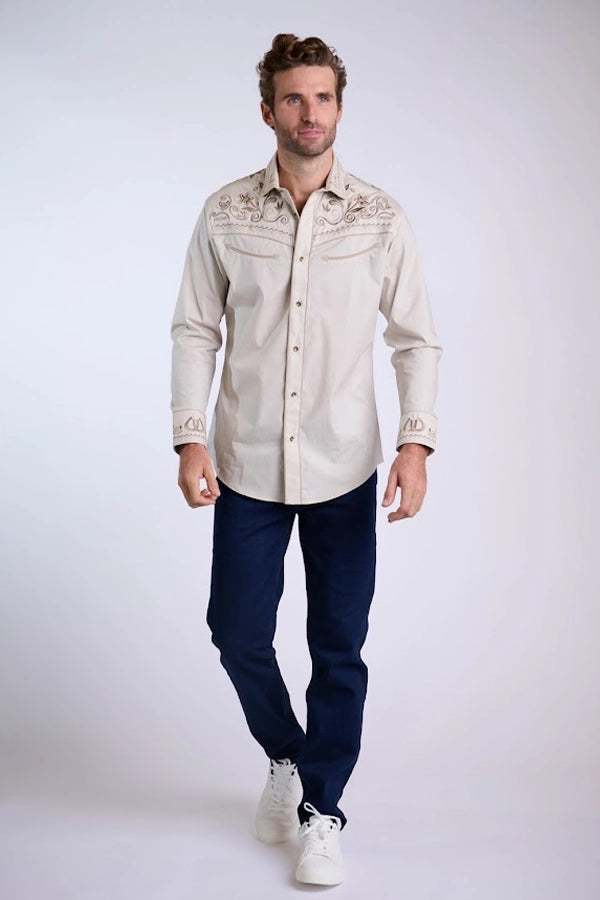 Men's Western Embroidered Button-Up Shirt in Cream