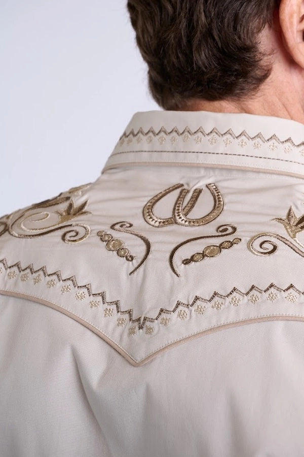 Men's Western Embroidered Button-Up Shirt in Cream