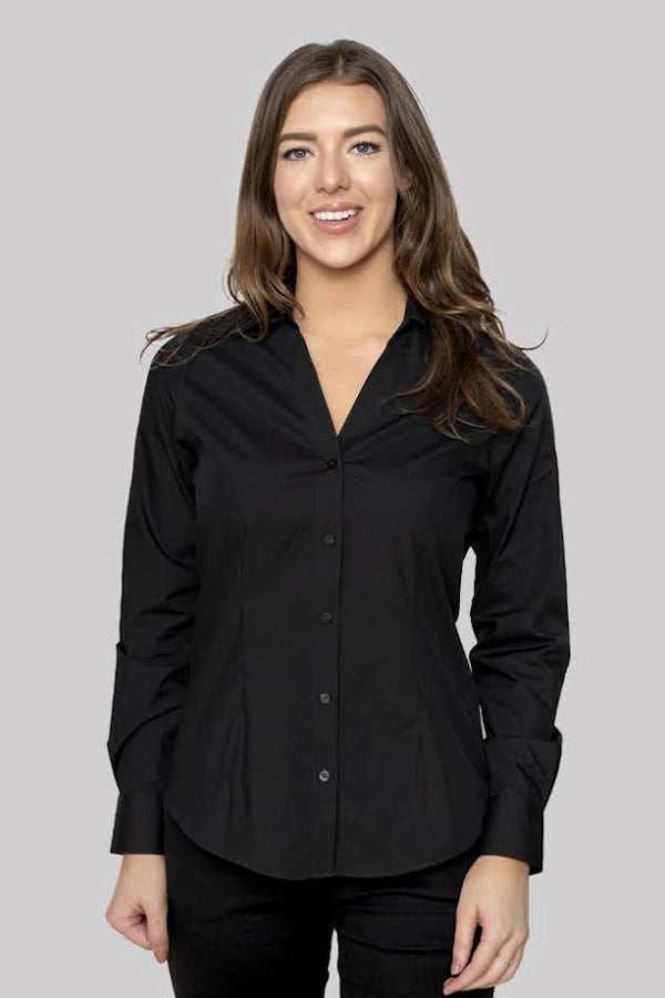 fitted lace wedding dress Women's Black Long-Sleeve Button-Up Shirt