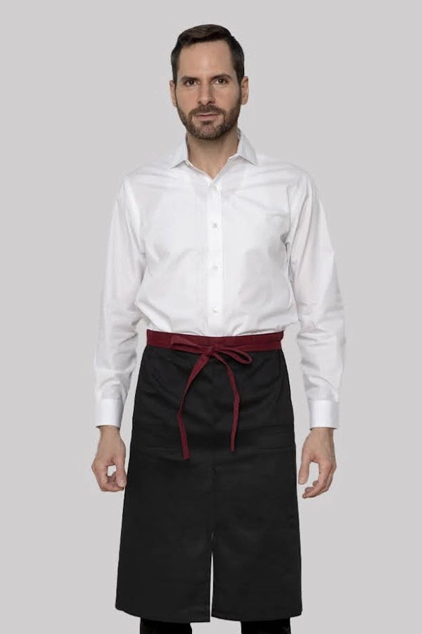 Black Bistro Apron with Burgundy Waist Tie