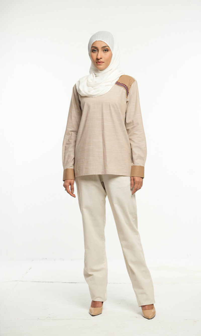 Elegant Beige Tunic with Contrast Details