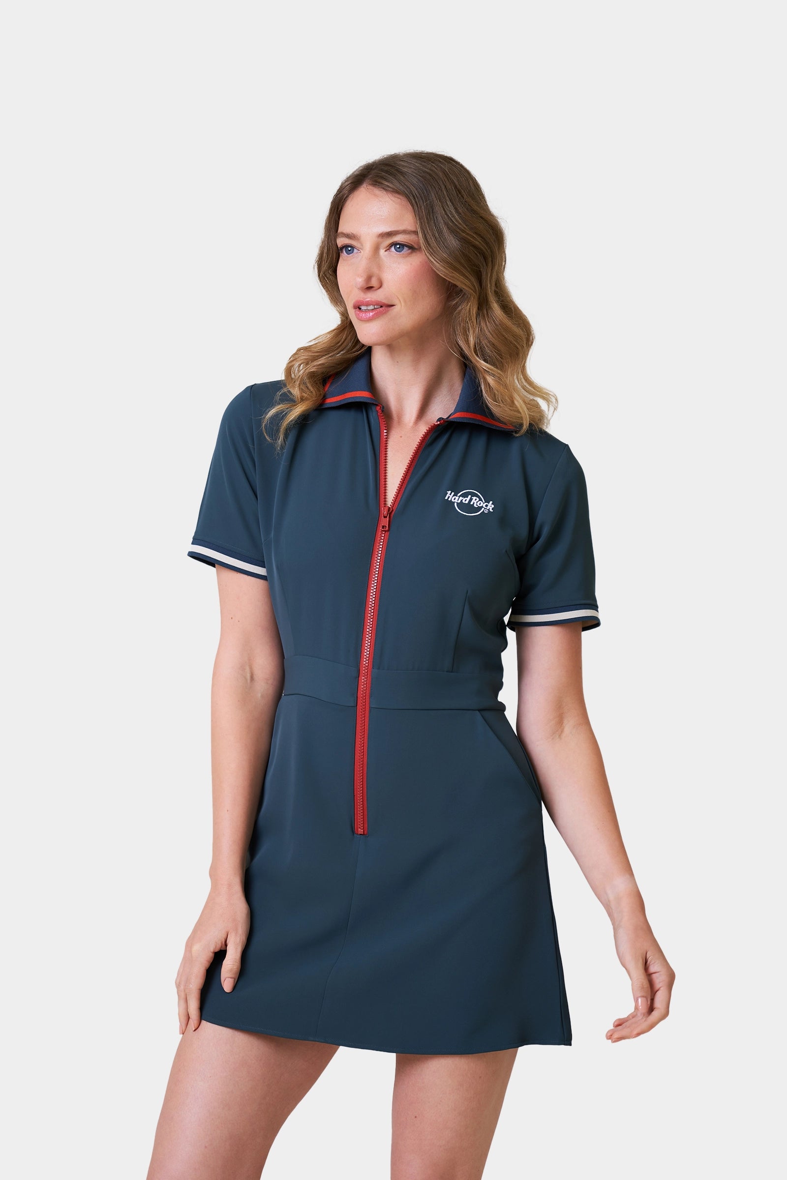 Hostess Summer Female Teal Short Sleeve Polo Dress With Front Zipper Closure And Logo Print on Chest