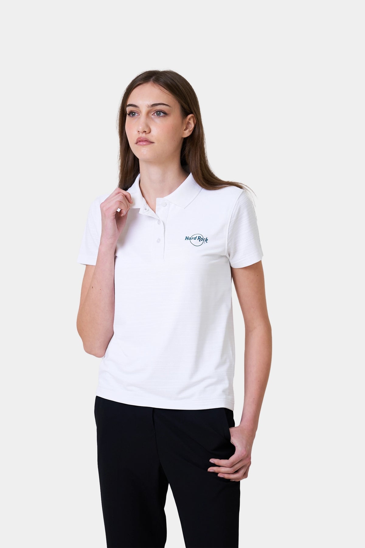 Hostess Summer Female White Short Sleeve Polo Shirt With Logo Print On Chest
