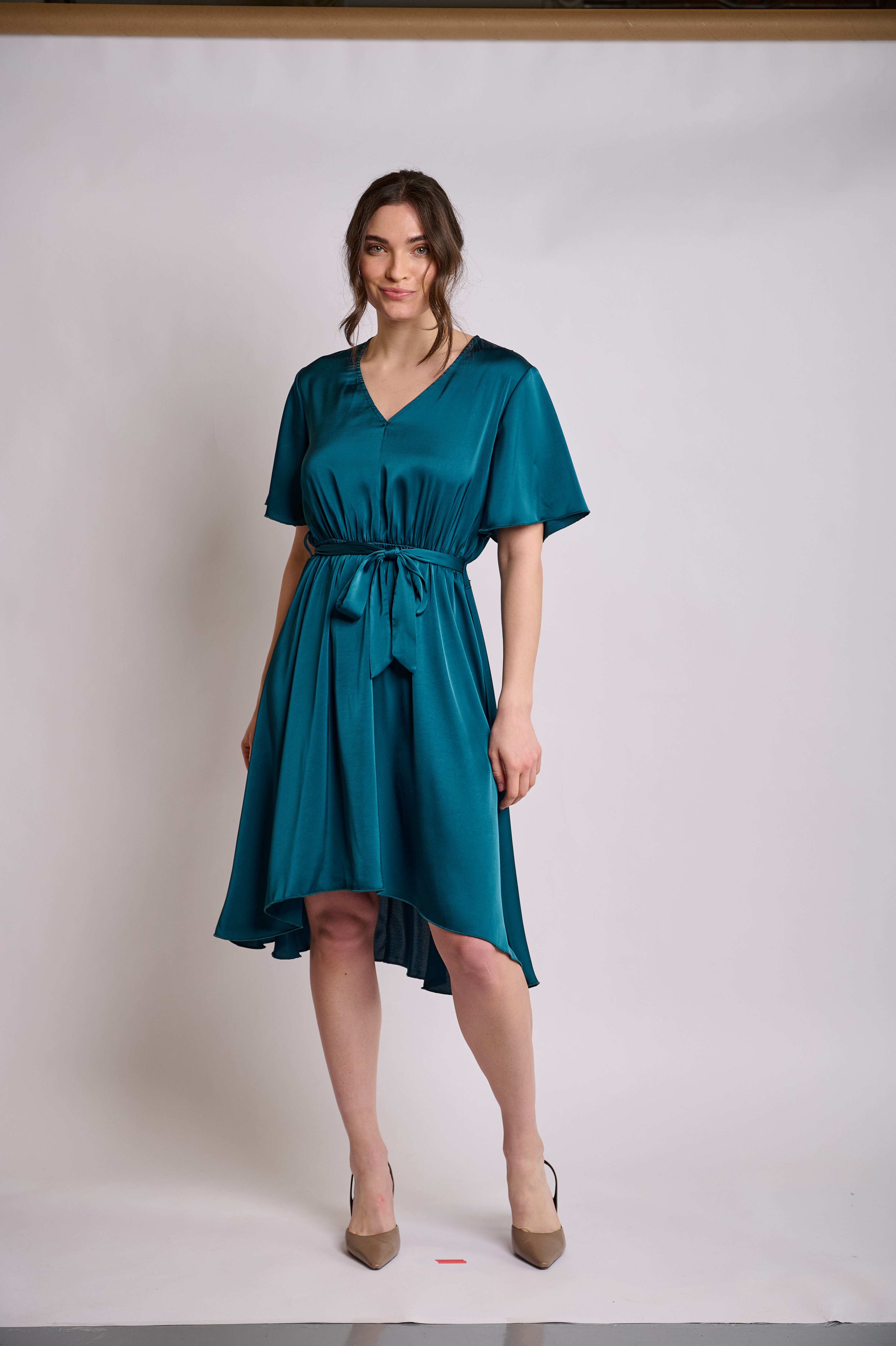 Elegant Teal Satin Midi Dress with Tie Waist