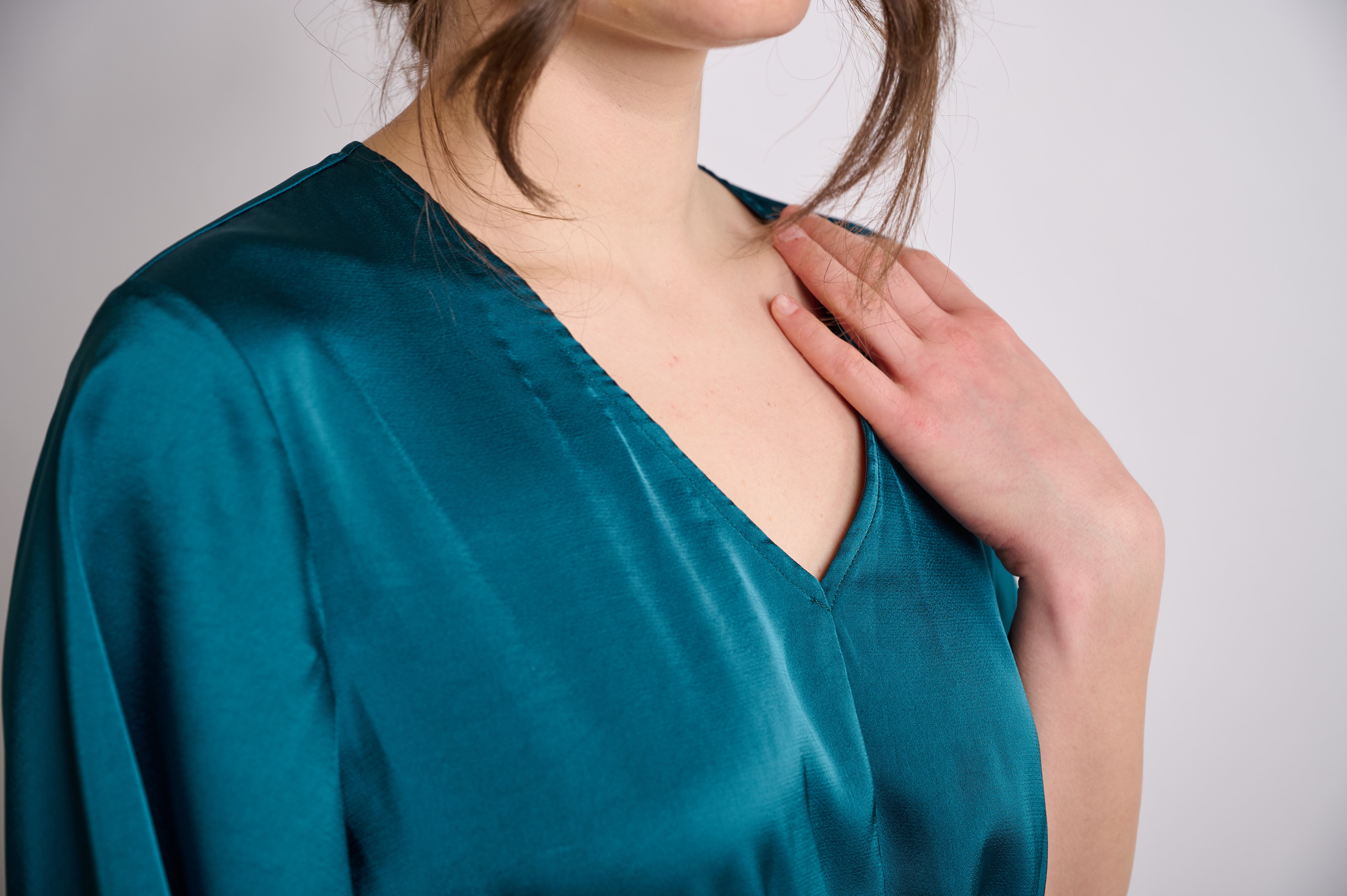 Elegant Teal Satin Midi Dress with Tie Waist