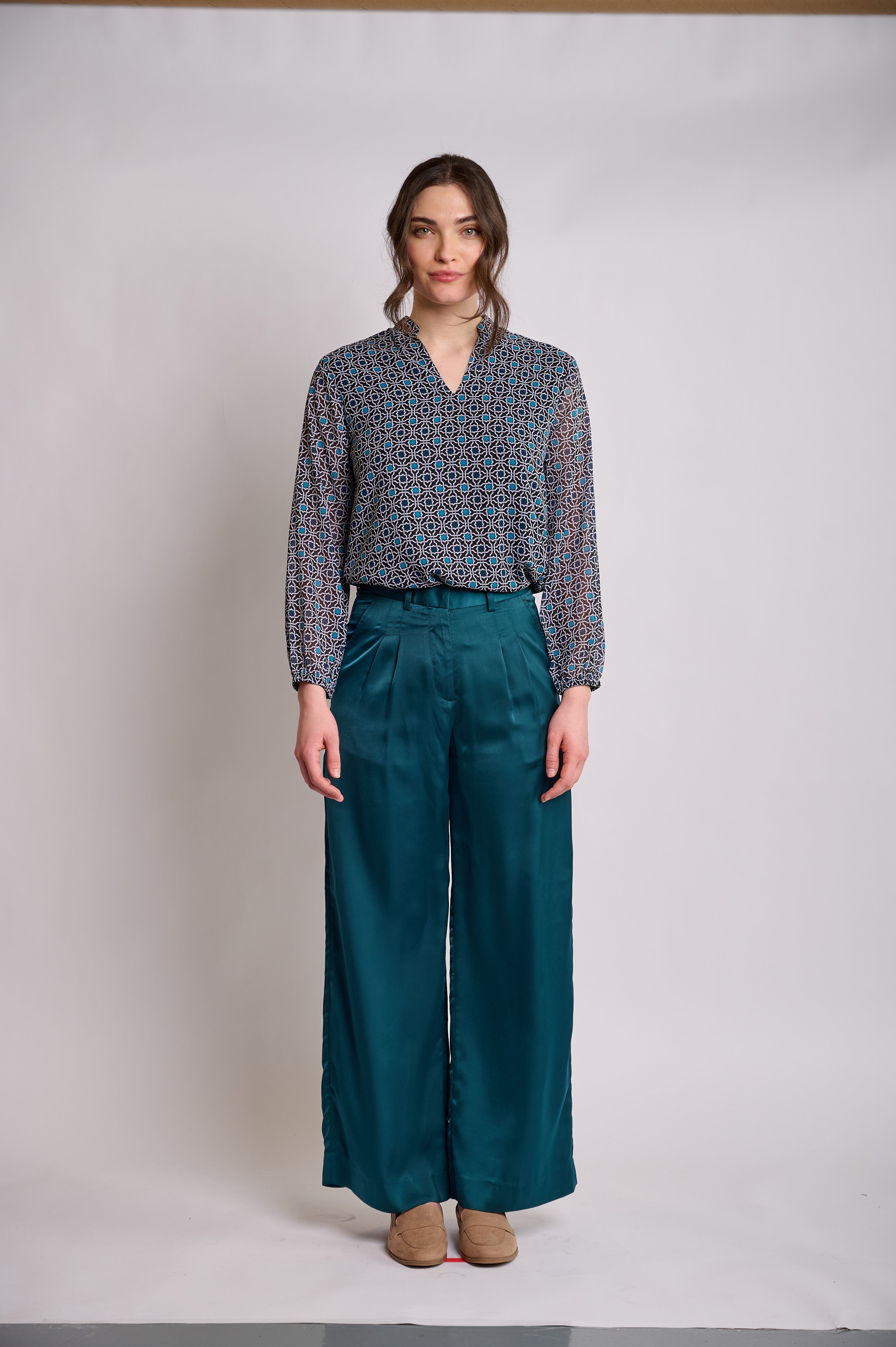 Printed V-Neck Top with Band Collar