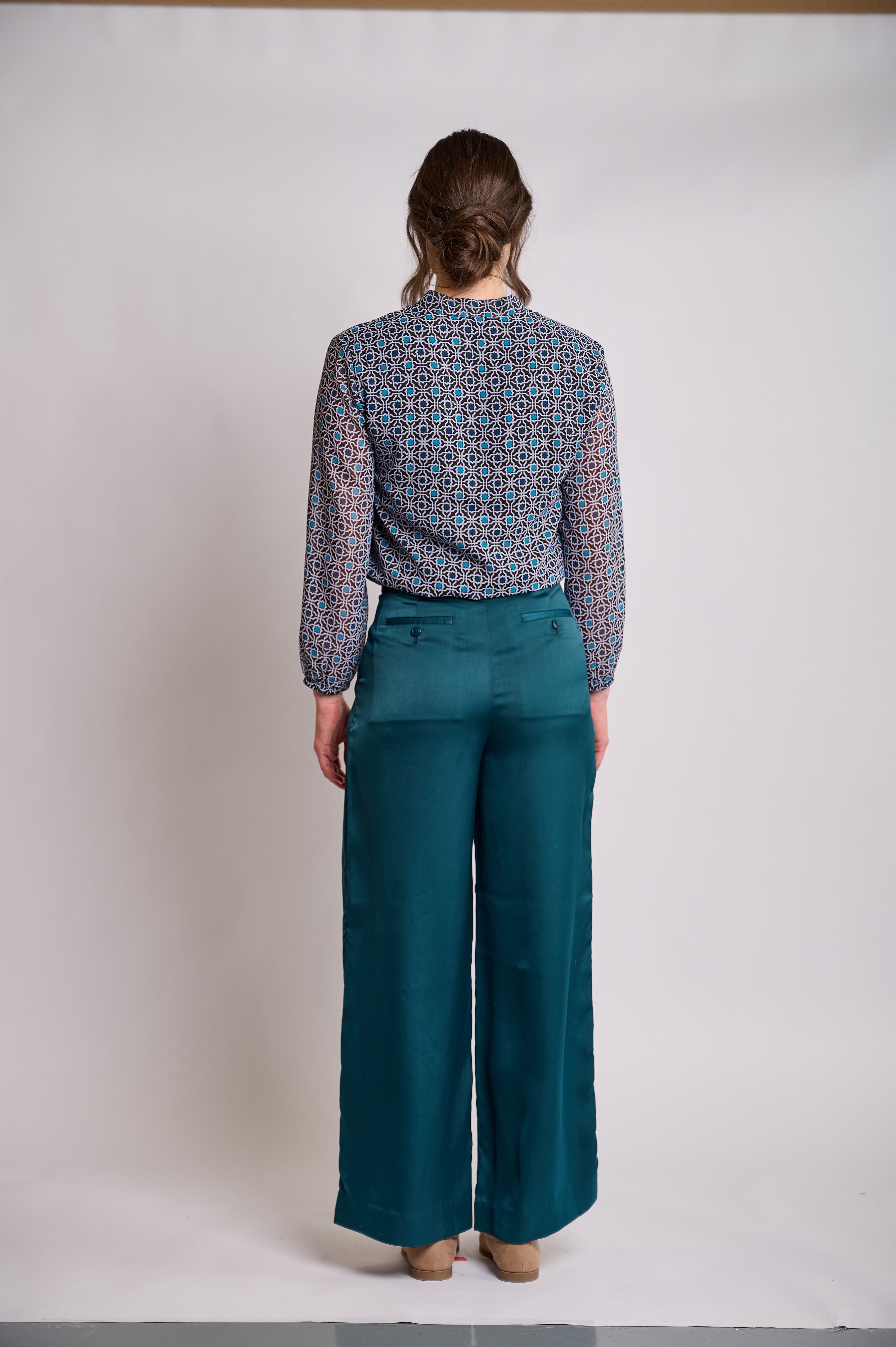 Printed V-Neck Top with Band Collar