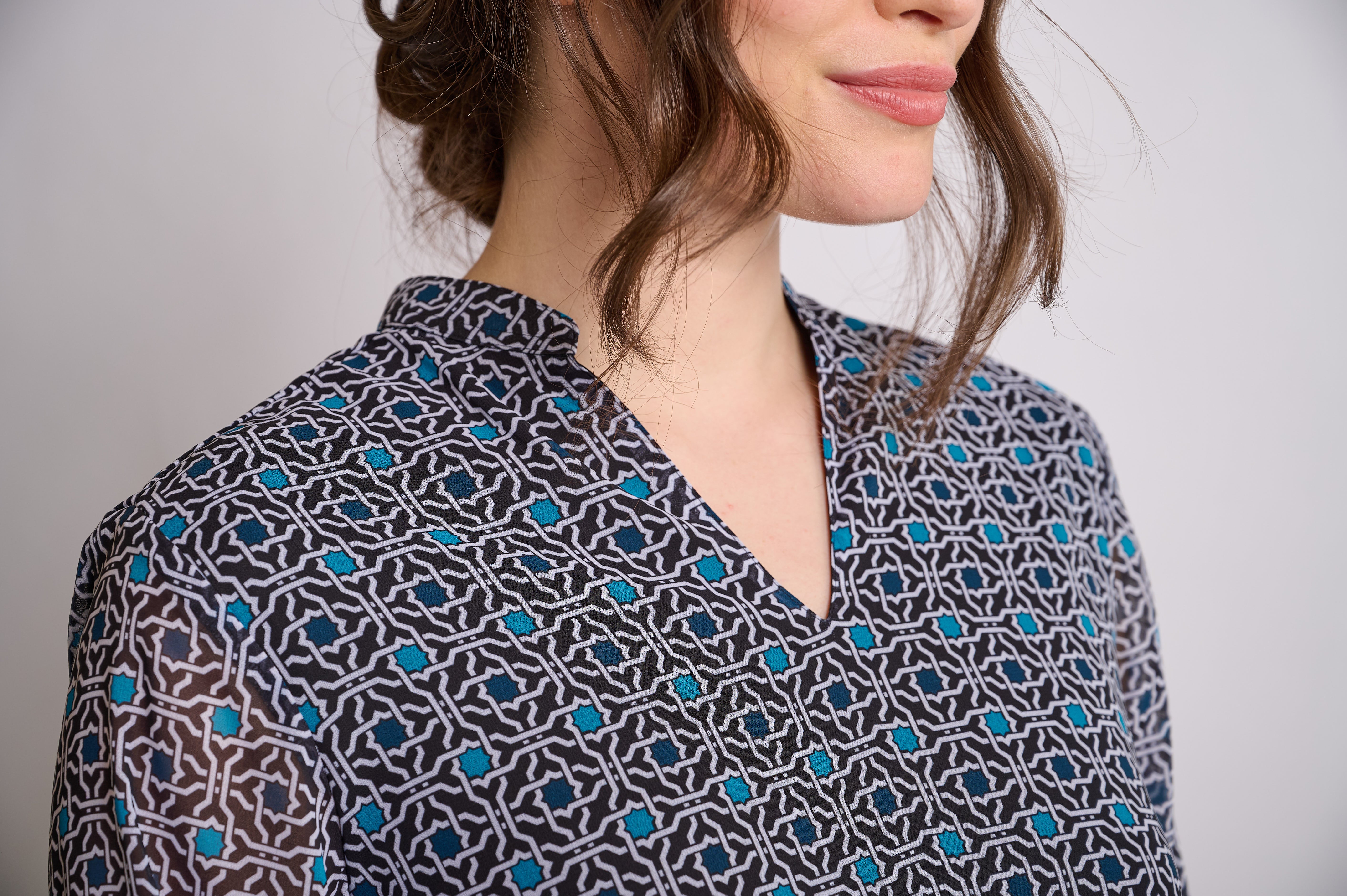 Printed V-Neck Top with Band Collar
