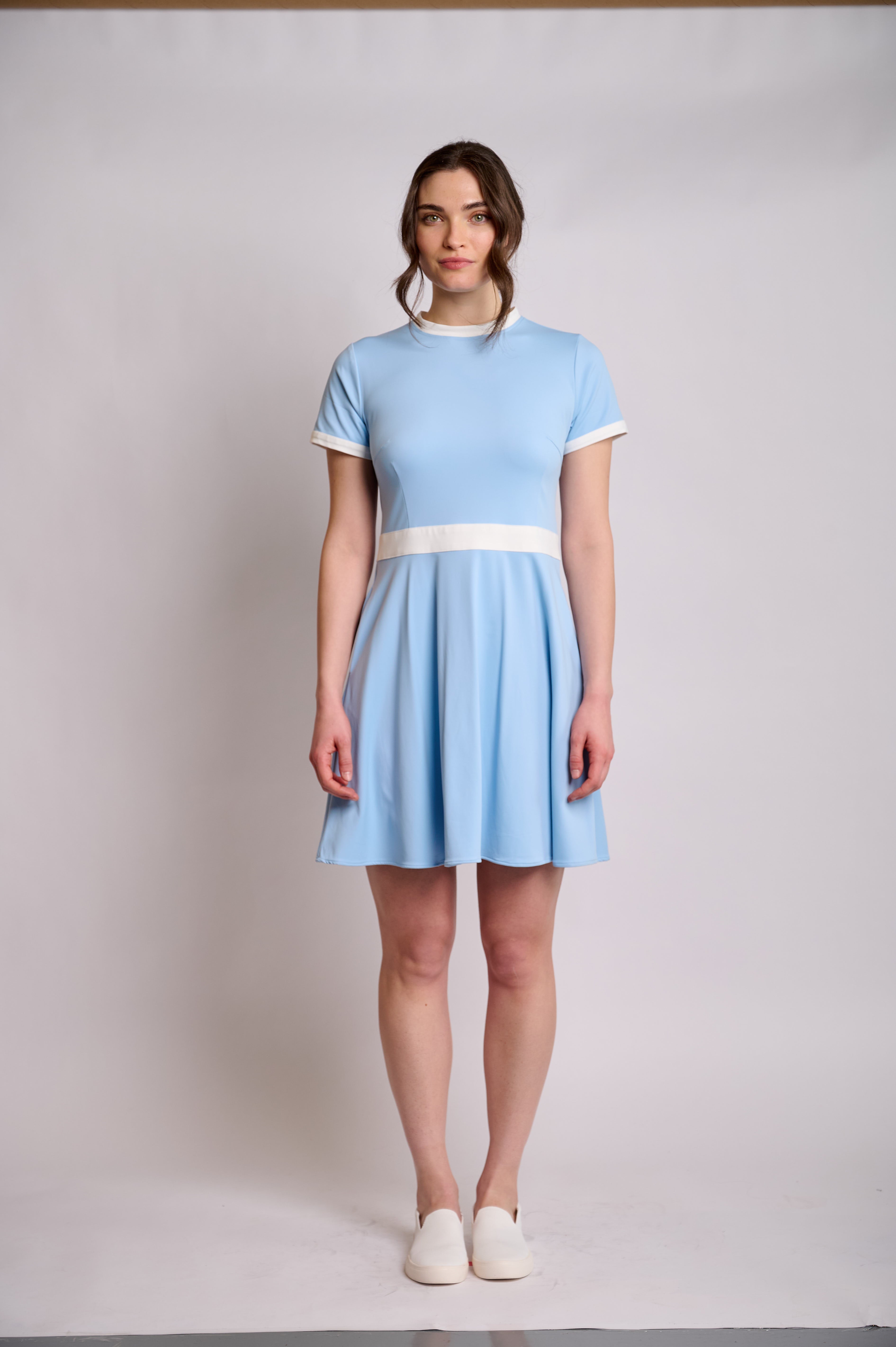 Sky Blue Fit-and-Flare Dress with Contrast Trim
