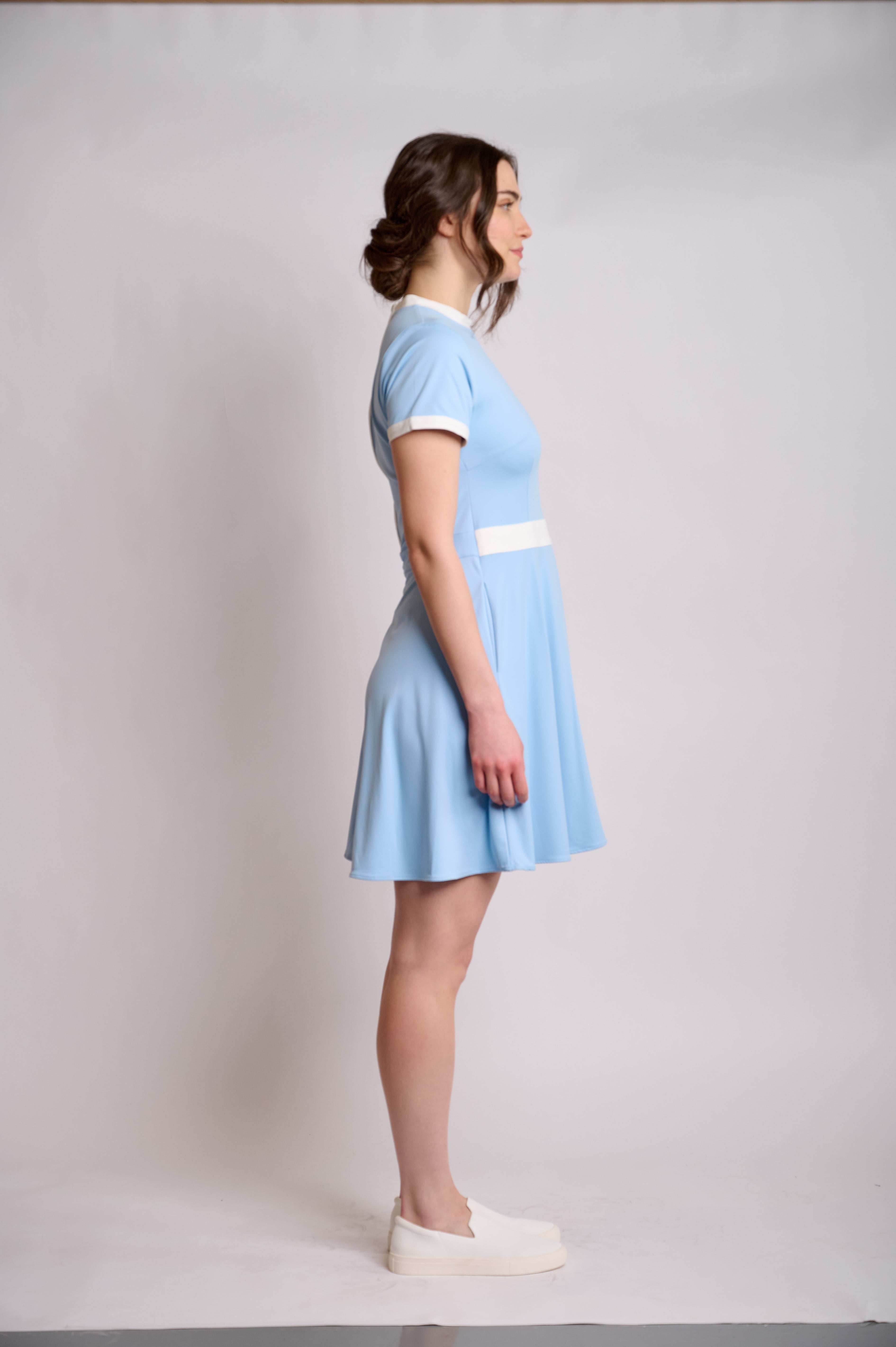 Sky Blue Fit-and-Flare Dress with Contrast Trim