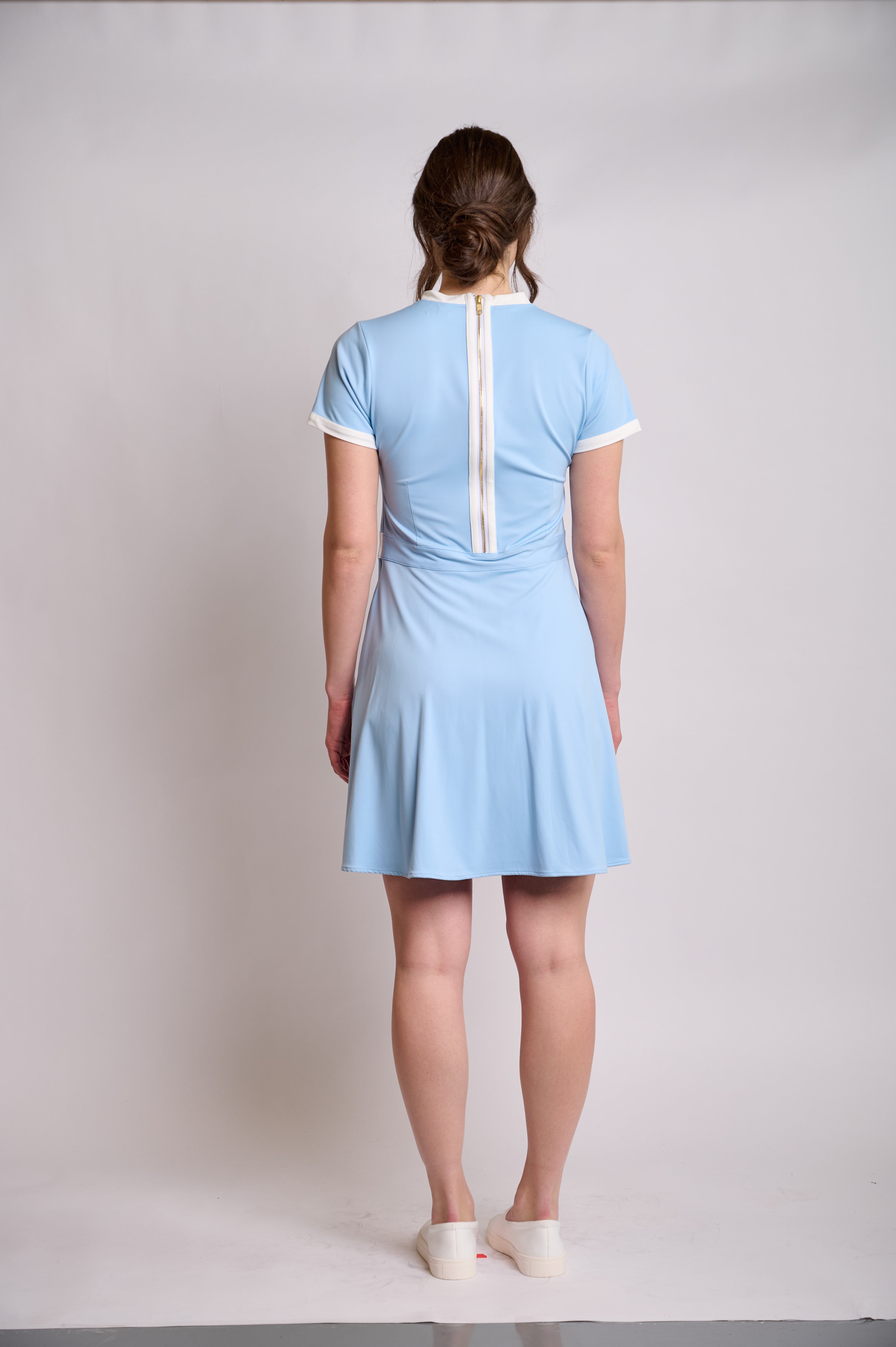 Sky Blue Fit-and-Flare Dress with Contrast Trim