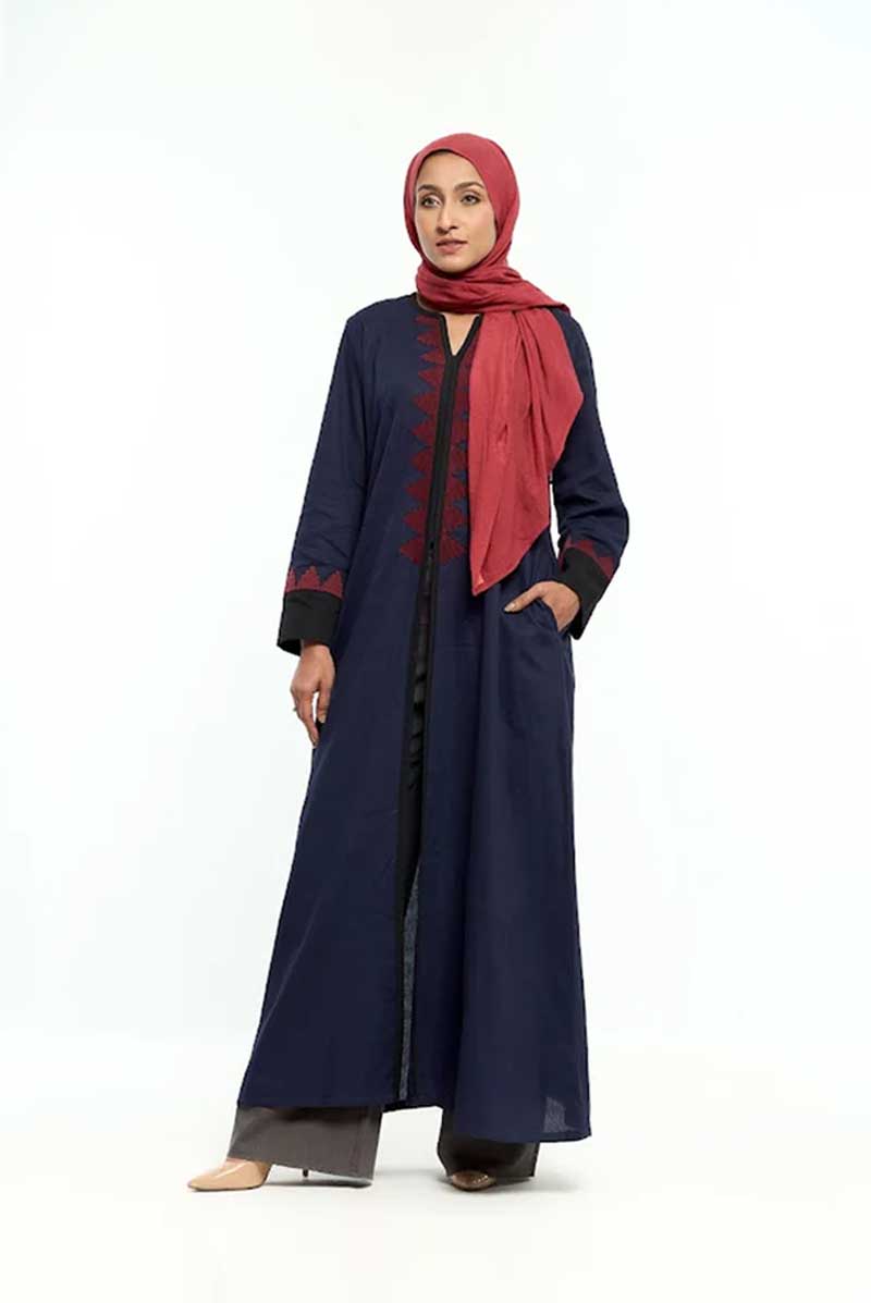 Navy Blue Embroidered Front-Open Abaya