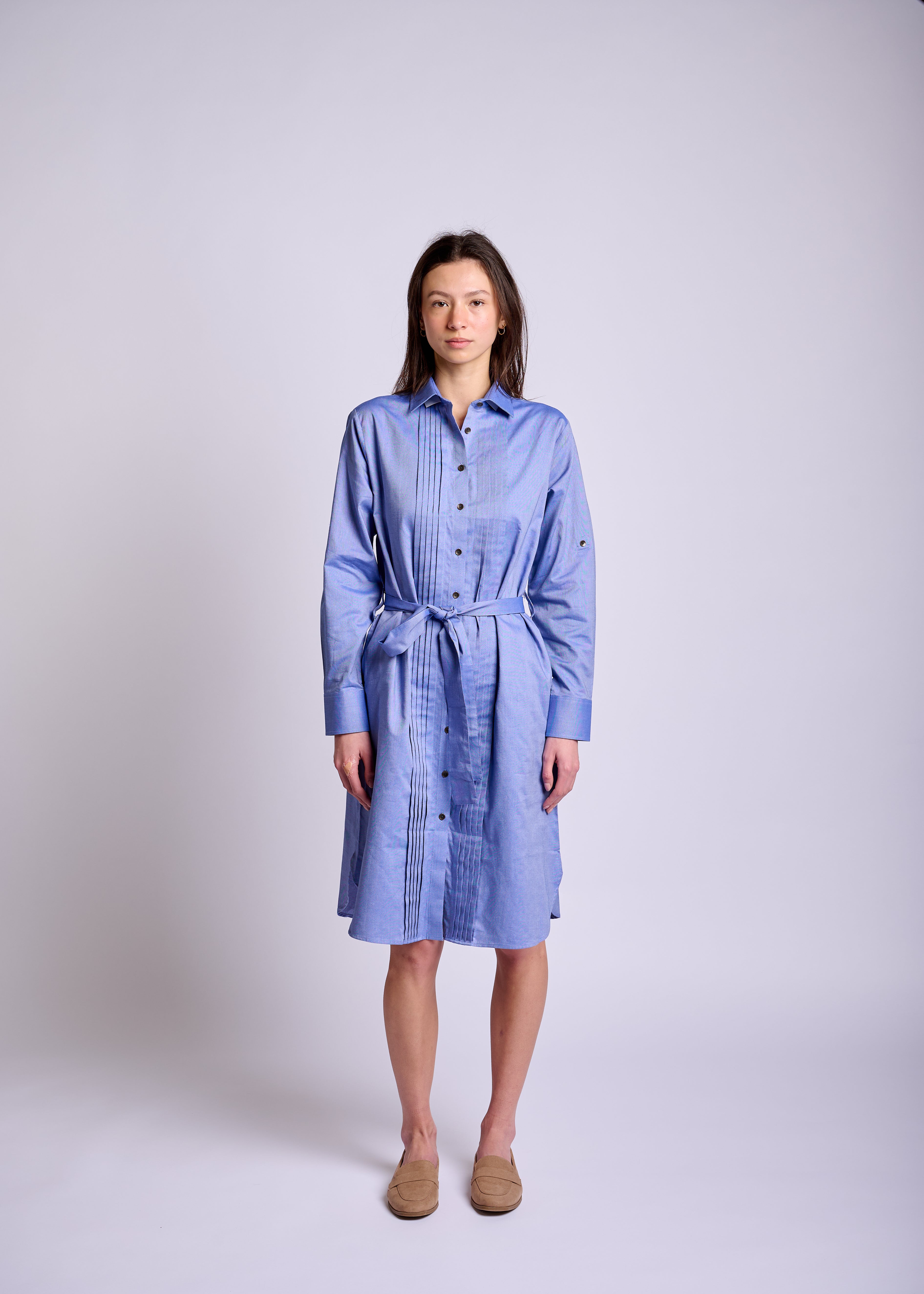 Women's Pleated Shirt Dress with Waist Tie
