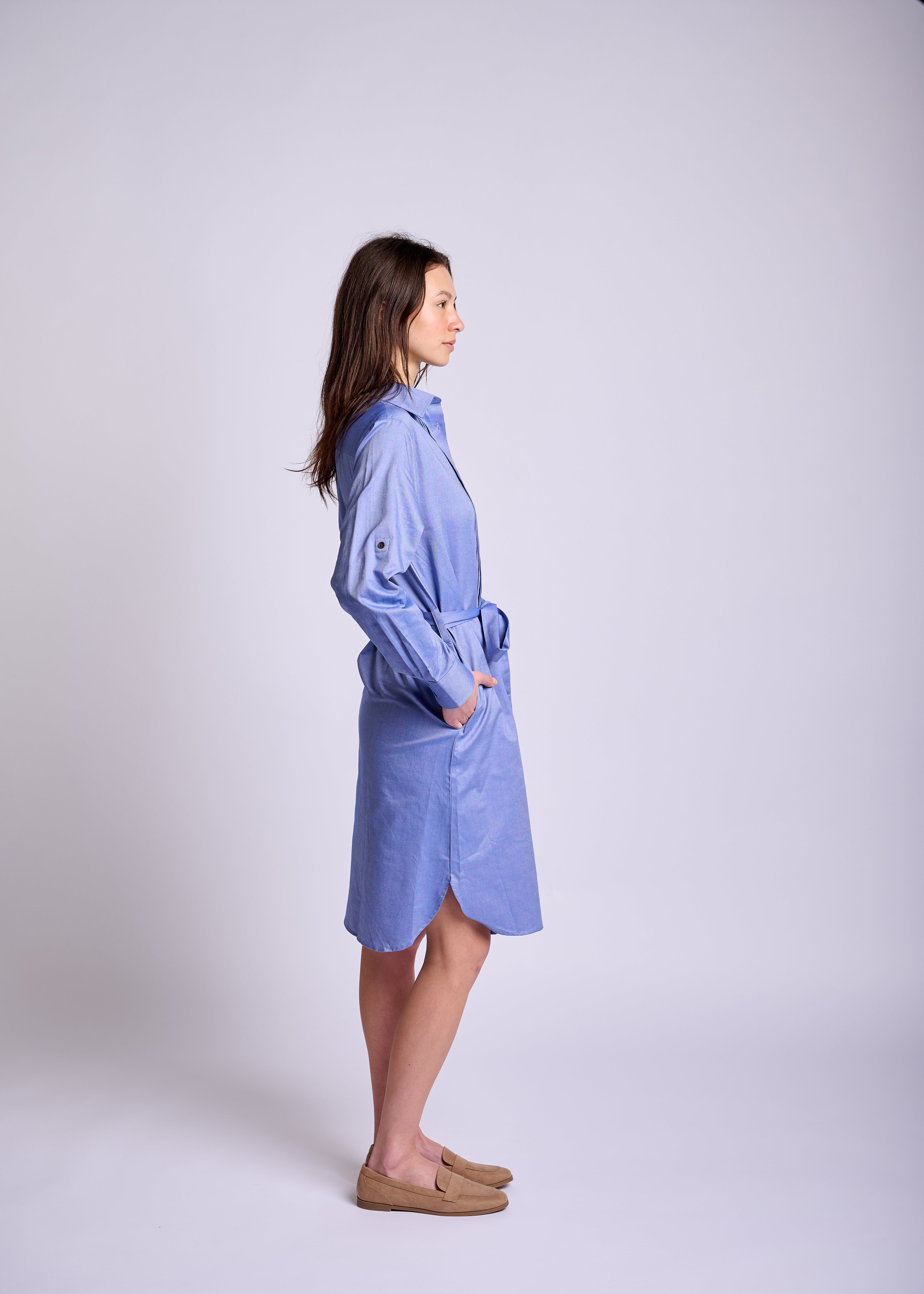Women's Pleated Shirt Dress with Waist Tie