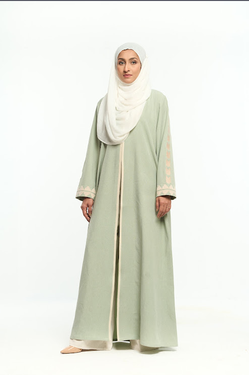 Sage Green Open Abaya with Subtle Embroidery
