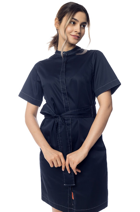 Navy Short-Sleeve Shirt Dress with Tie Waist