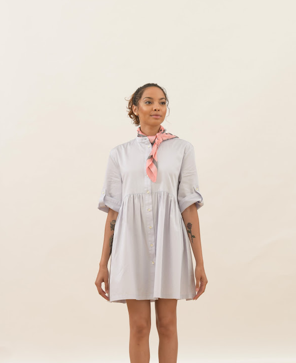 Relaxed Button-Up Shirt Dress  with Scarf Accent
