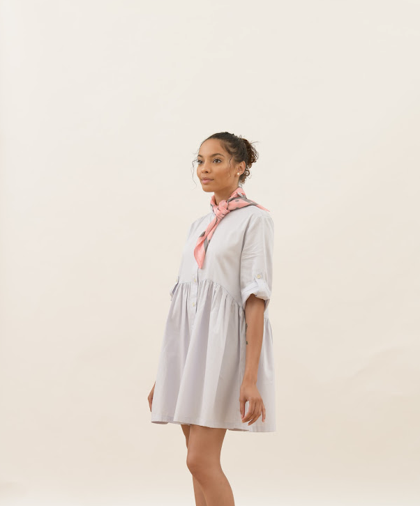 Relaxed Button-Up Shirt Dress  with Scarf Accent