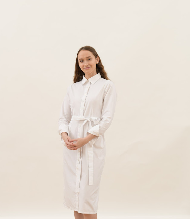 Elegant Long-Sleeve White Shirt Dress with Tie Belt