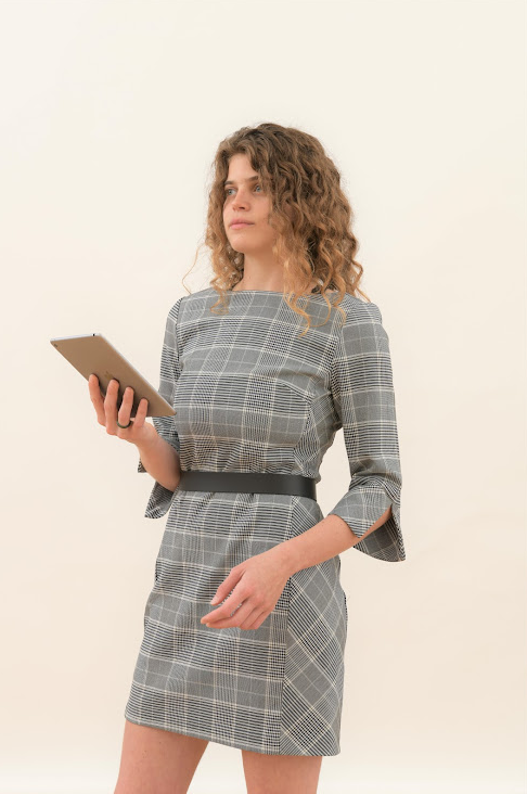 Modern Plaid Mini Dress  with Flared Sleeves