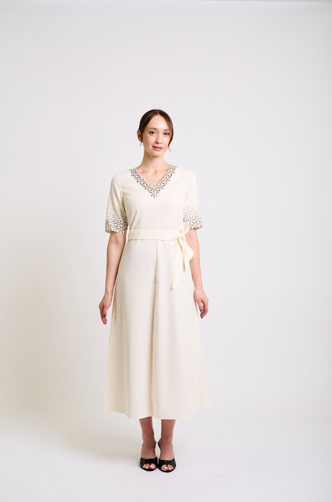 Elegant Ivory Midi Dress  with Printed Details