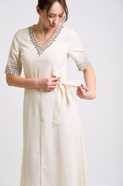 Elegant Ivory Midi Dress  with Printed Details