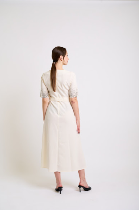 Elegant Ivory Midi Dress with Printed Details