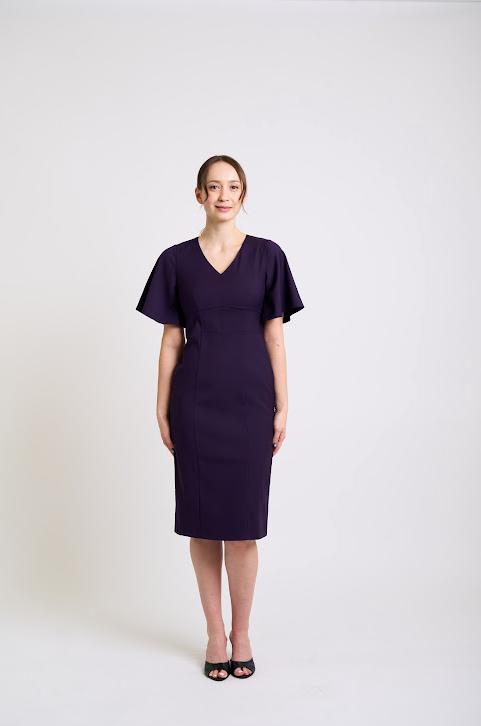 Elegant Purple Midi Dress with Flutter Sleeves
