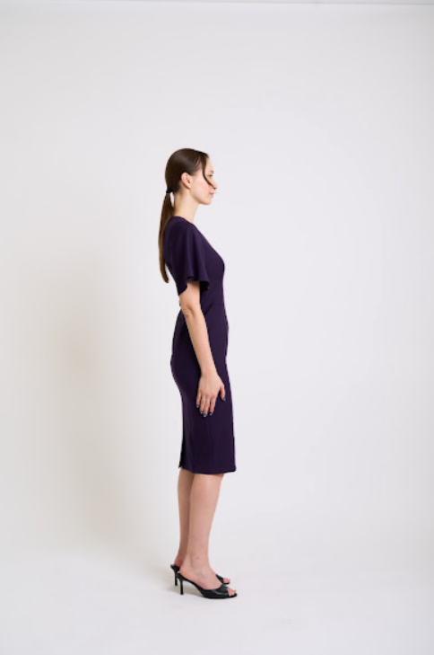 Elegant Purple Midi Dress with Flutter Sleeves