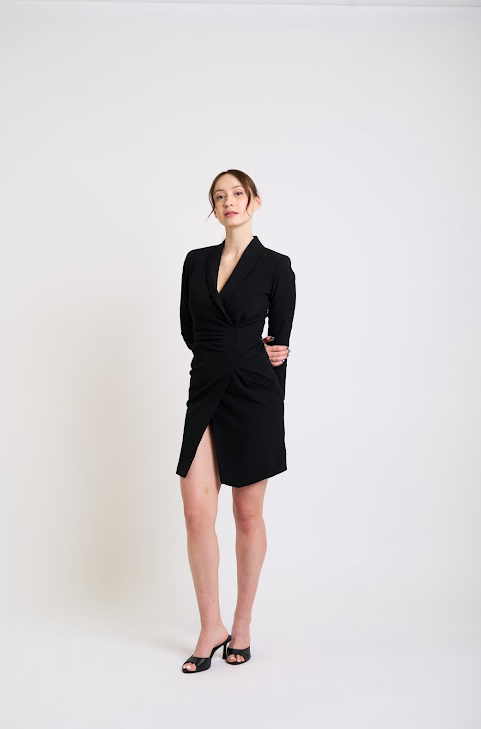 Sophisticated Black Blazer Dress  with a Draped Silhouette