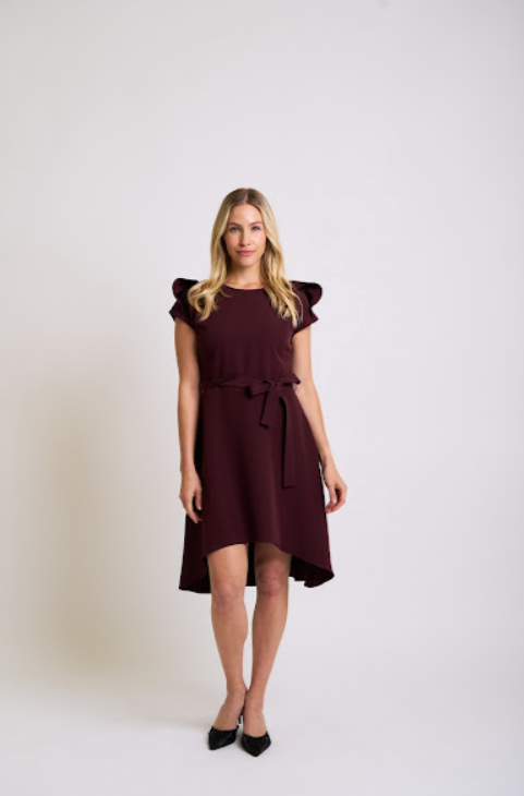 Burgundy High-Low Dress  with Flutter Sleeves