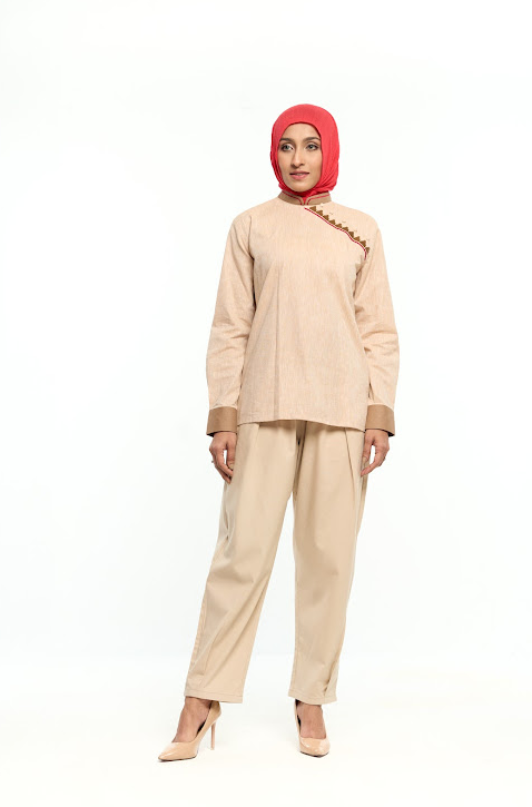 Beige Asymmetrical Embroidered Tunic with Contrast Cuffs