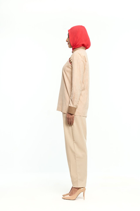 Beige Asymmetrical Embroidered Tunic with Contrast Cuffs