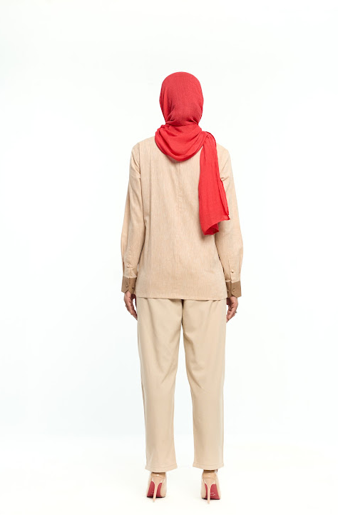 Beige Asymmetrical Embroidered Tunic with Contrast Cuffs