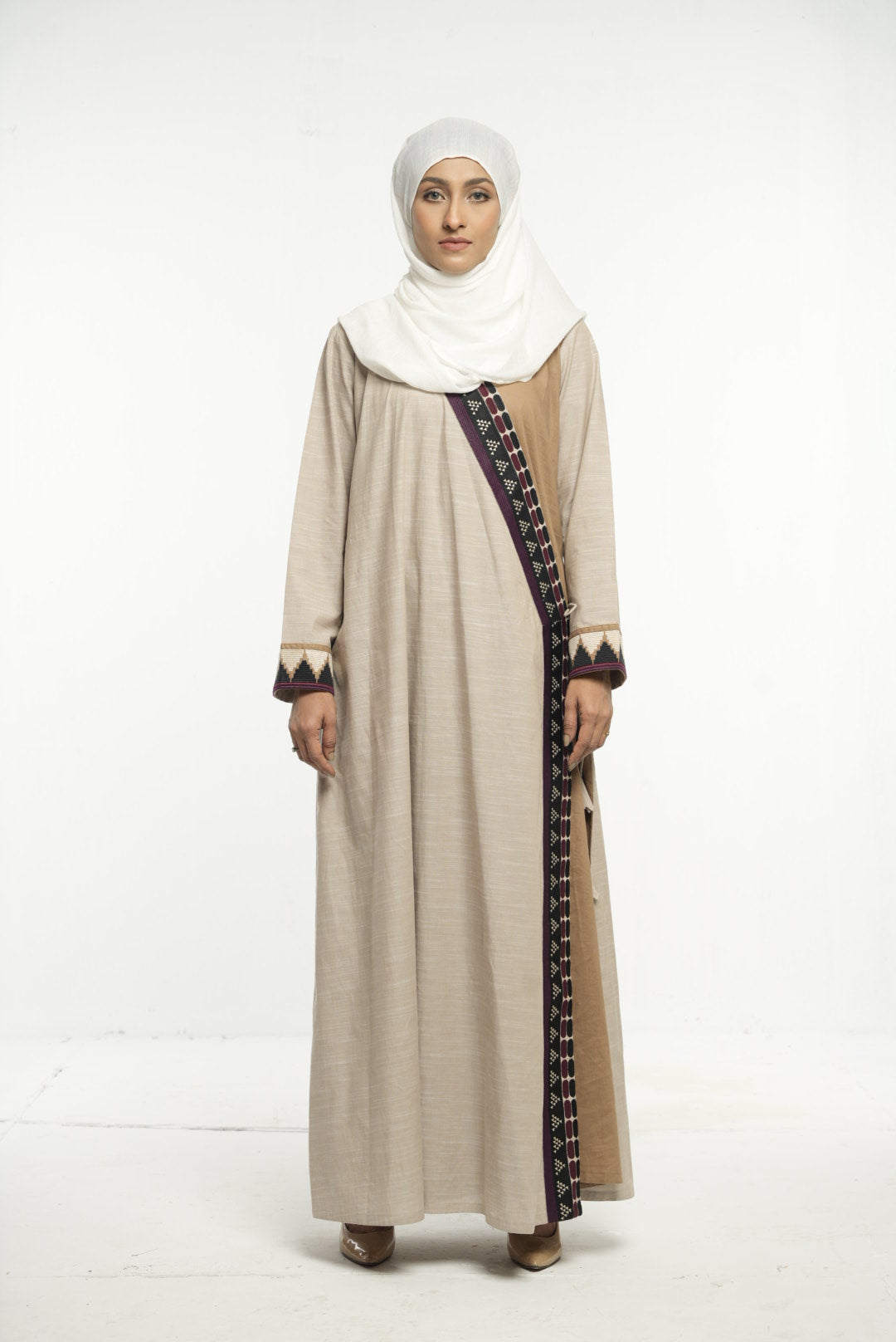 Beige A-Line Abaya with Tribal Embroidery