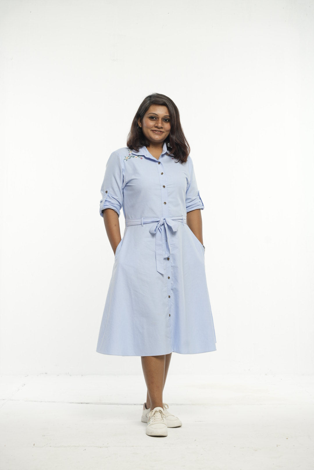 Light Blue Embroidered Shirt Dress