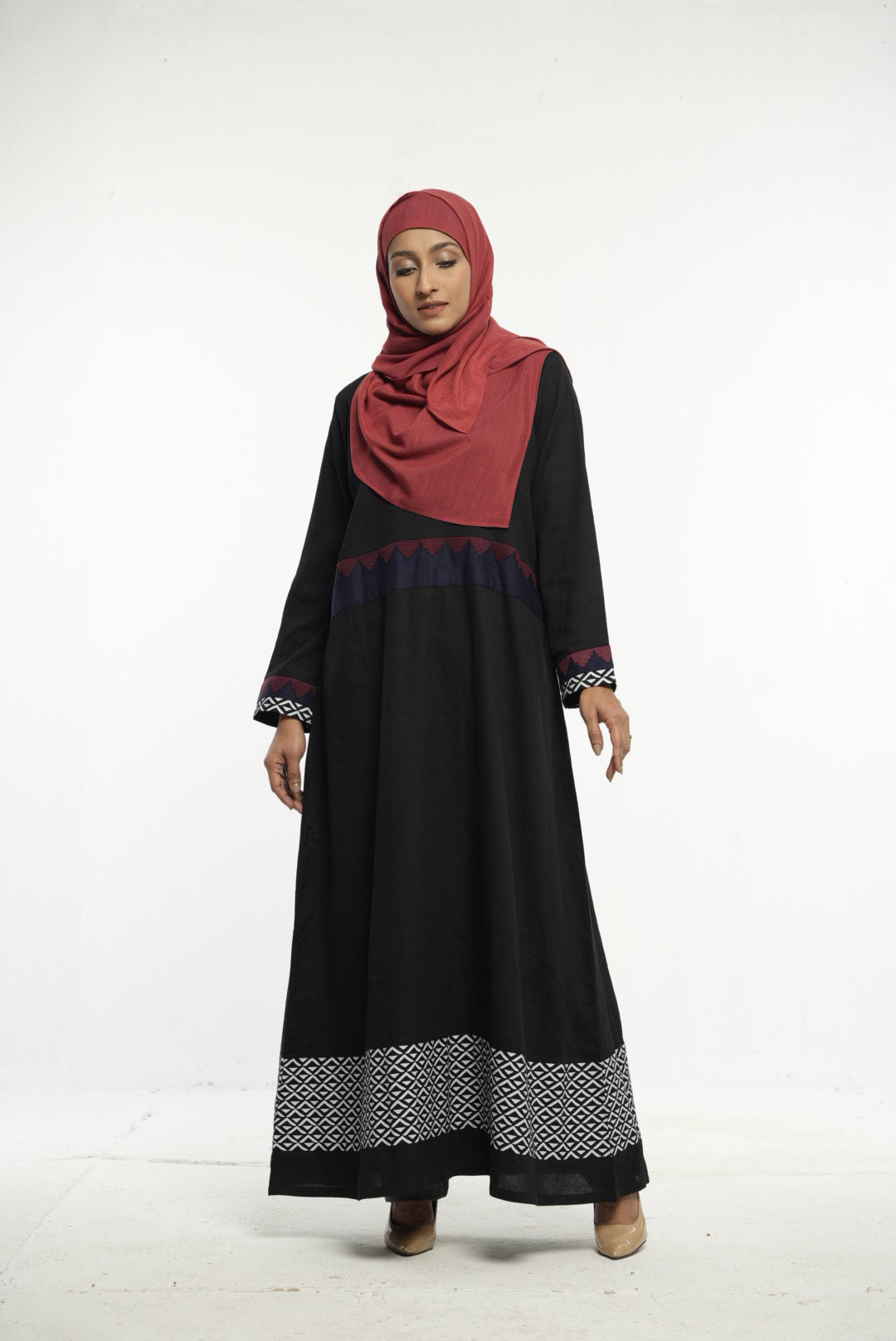 Black A-Line Abaya with Intricate Border Embroidery