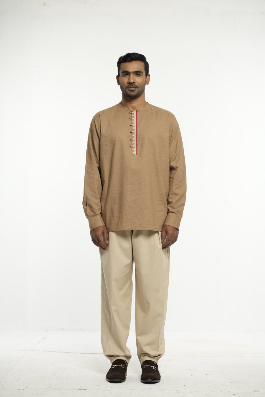 Earthy Brown Traditional Tunic with Embroidered Detailing