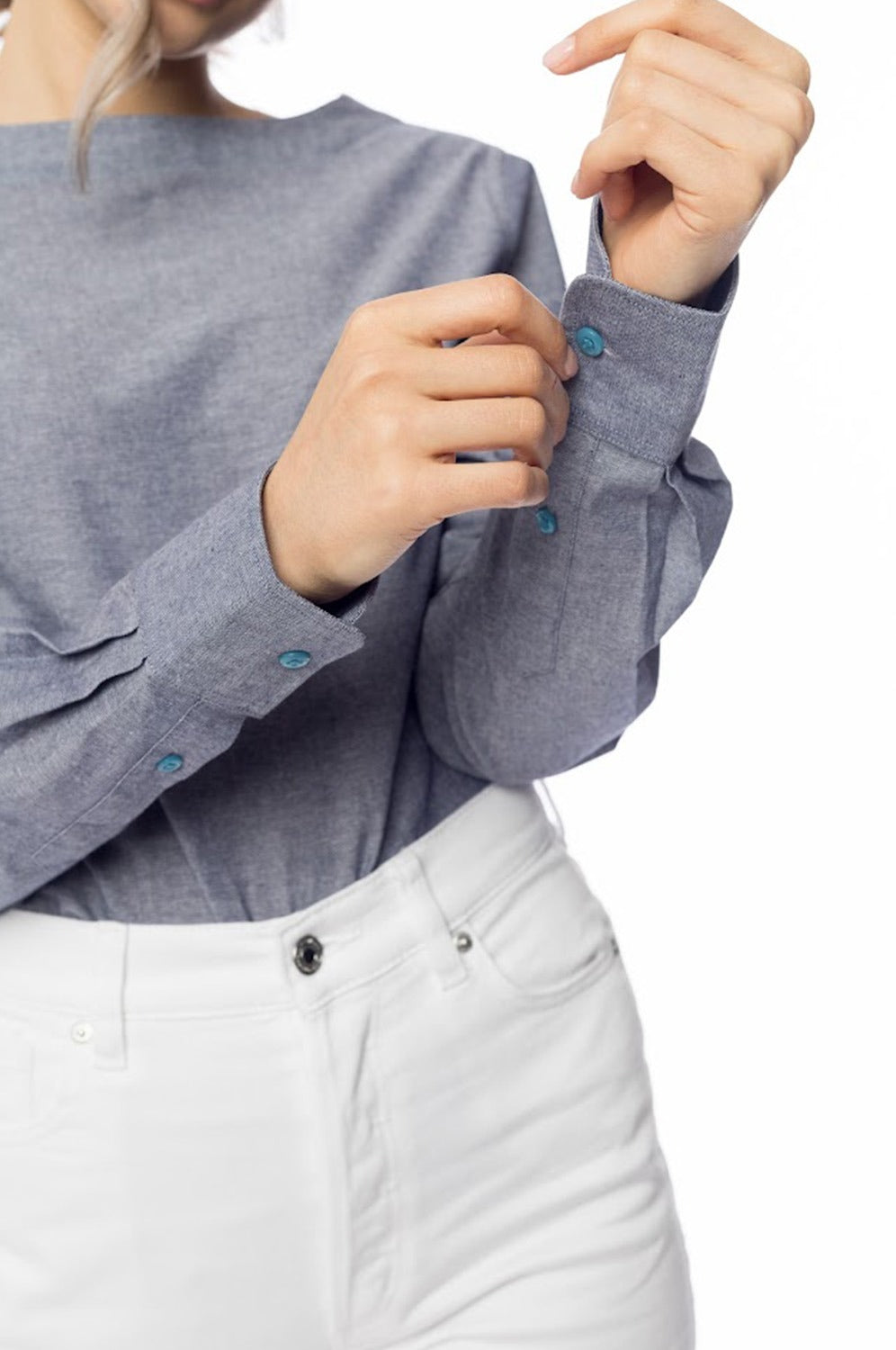 Elegant Blue Boat Neck Long Sleeve Top