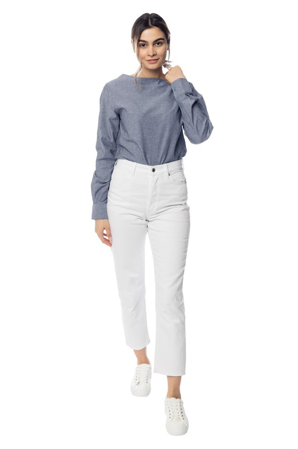 Elegant Blue Boat Neck Long Sleeve Top